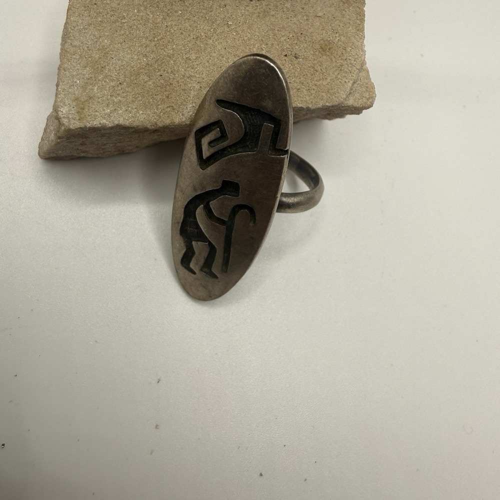 Vintage Hopi Sterling Silver Overlay Kokopelli Dancer Ring Signed